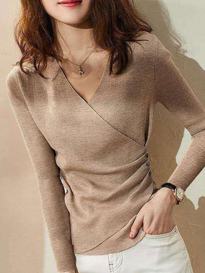 Lange Mouw Gebreide V-hals Top | Xyntha Top