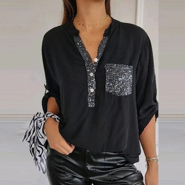 V-hals Blouse met Glitter en Zakje | Odessa Blouse