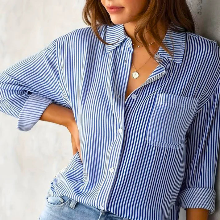 Gestreepte Lange Mouw Blouse met Knopen | Oraina Bloes