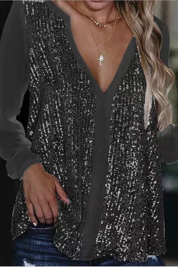 Lange Mouw Sequin V-Hals Bloes | Wiesbeth Bloes
