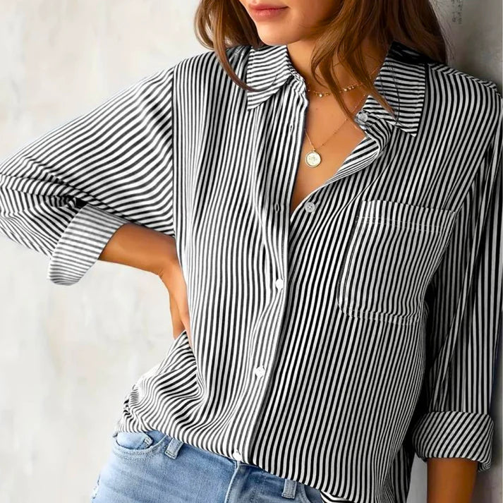 Gestreepte Lange Mouw Blouse met Knopen | Oraina Bloes