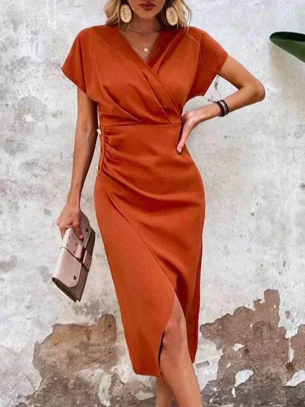 Oranje V-Hals Midi Jurk met Split | Felicity