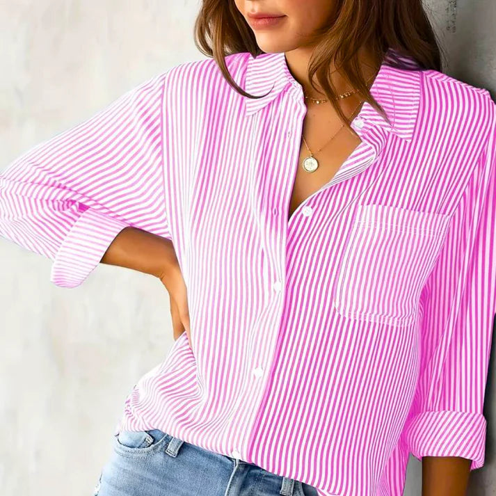 Gestreepte Lange Mouw Blouse met Knopen | Oraina Bloes