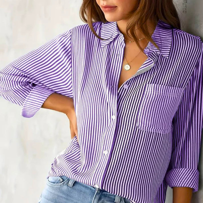 Gestreepte Lange Mouw Blouse met Knopen | Oraina Bloes