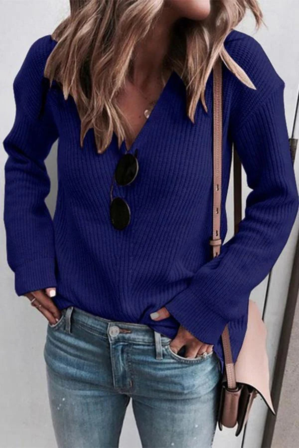 Lange mouw V-hals Gebreide Top | Una Top