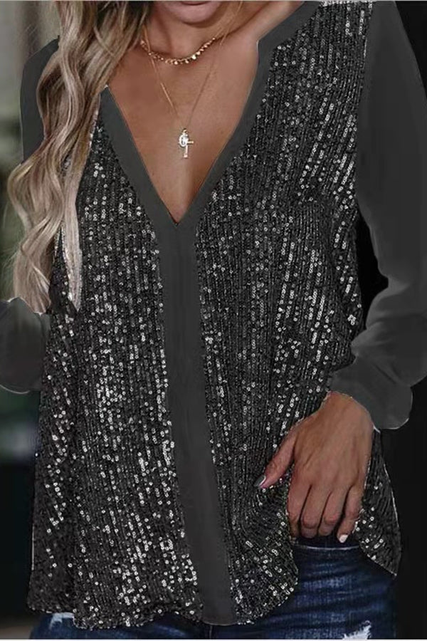 Lange Mouw Sequin V-Hals Bloes | Wiesbeth Bloes