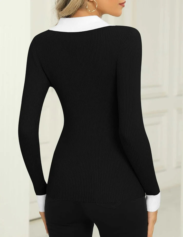 Lange Mouwen Ribbed Top met Kraag | Raia Top