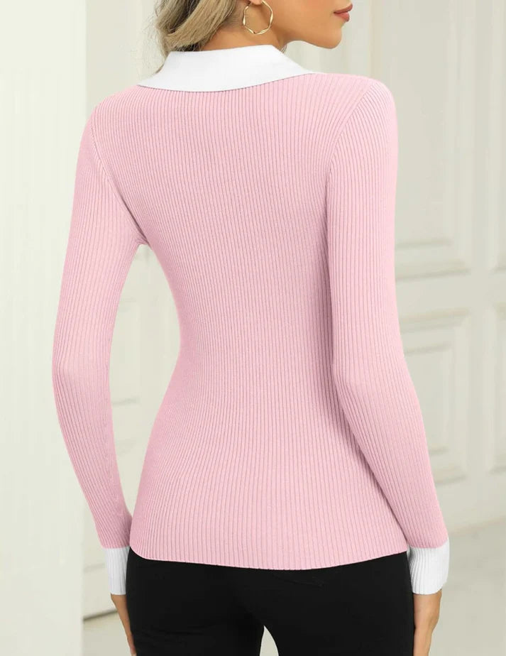 Lange Mouwen Ribbed Top met Kraag | Raia Top