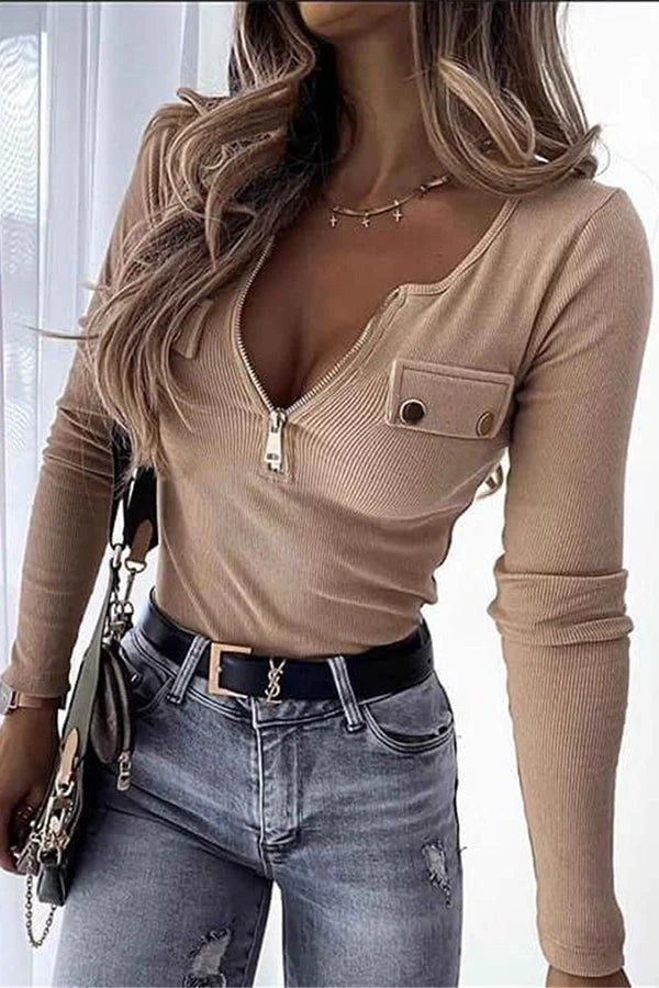 Zipper Neck Button Geribbelde Lange Mouw | Wynche Top