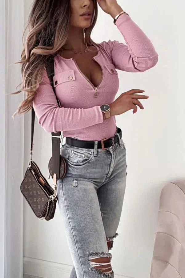 Zipper Neck Button Geribbelde Lange Mouw | Wynche Top