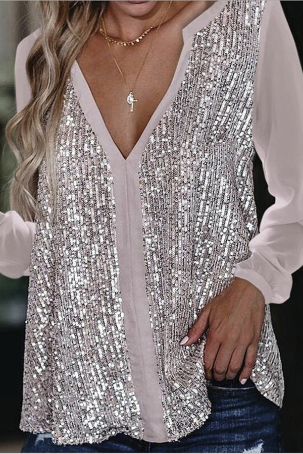 Lange Mouw Sequin V-Hals Bloes | Wiesbeth Bloes