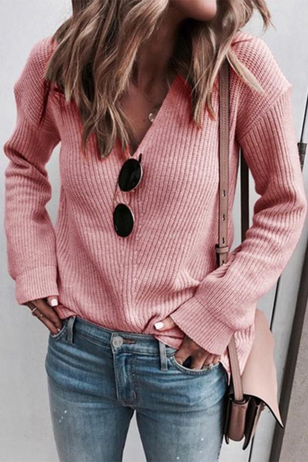 Lange mouw V-hals Gebreide Top | Una Top