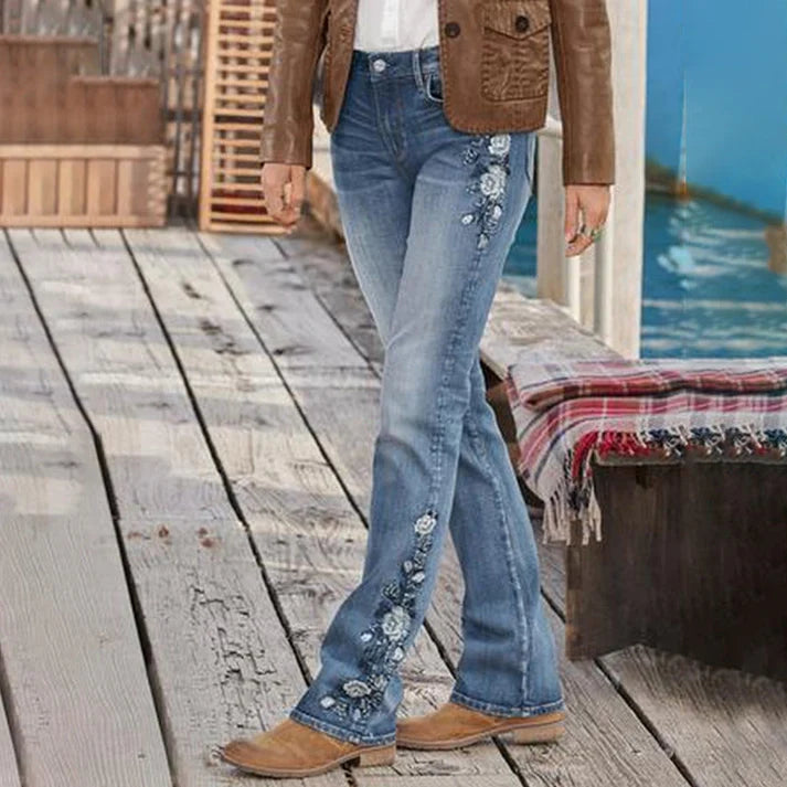 Midden taille Flamingo Geborduurde Jeans | Belka jeans