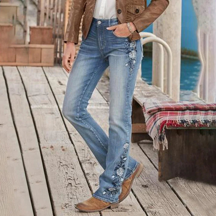 Midden taille Flamingo Geborduurde Jeans | Belka jeans