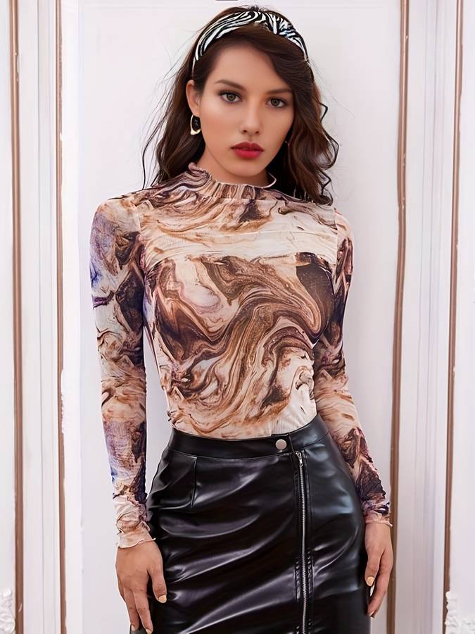Lange mouwen marmer mesh top | Tesslyn Top