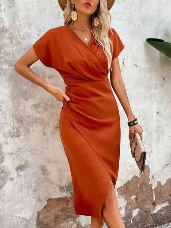 Oranje V-Hals Midi Jurk met Split | Felicity