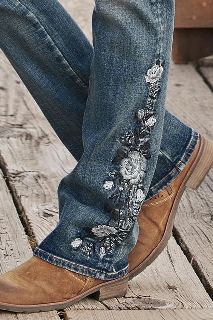 Midden taille Flamingo Geborduurde Jeans | Belka jeans