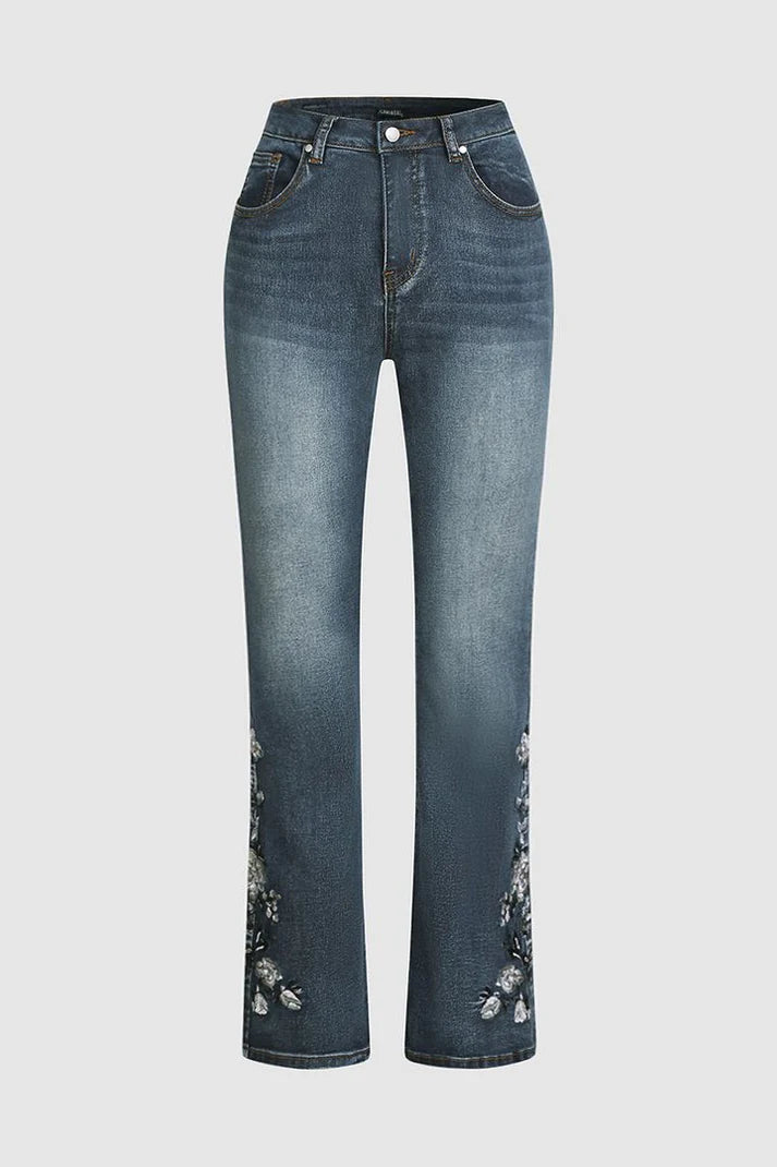 Midden taille Flamingo Geborduurde Jeans | Belka jeans