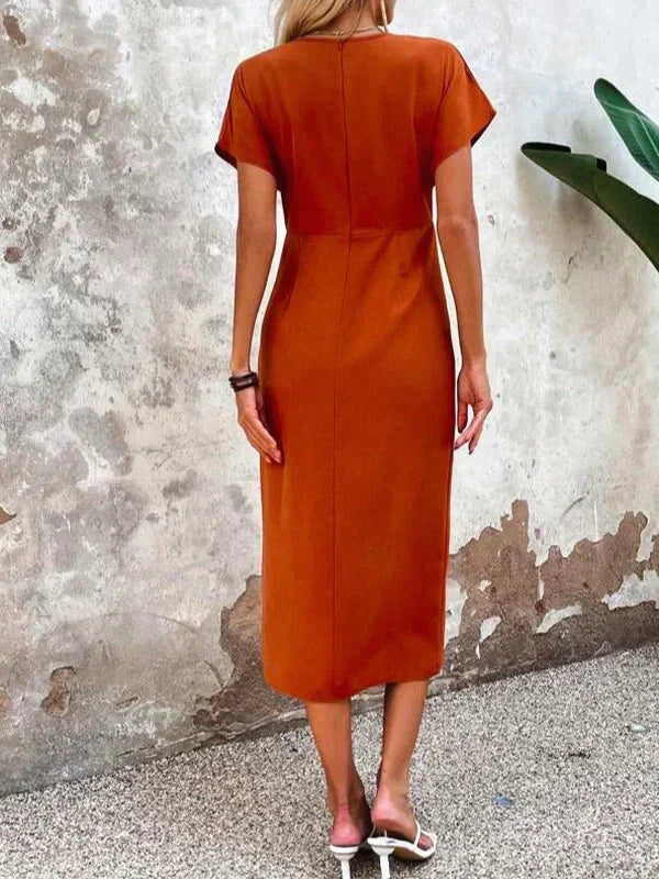 Oranje V-Hals Midi Jurk met Split | Felicity