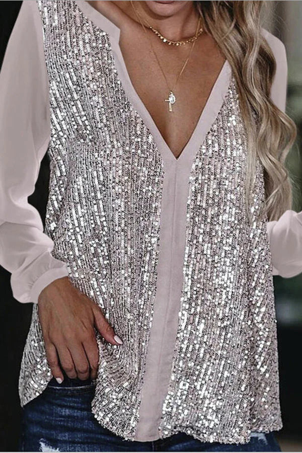 Lange Mouw Sequin V-Hals Bloes | Wiesbeth Bloes