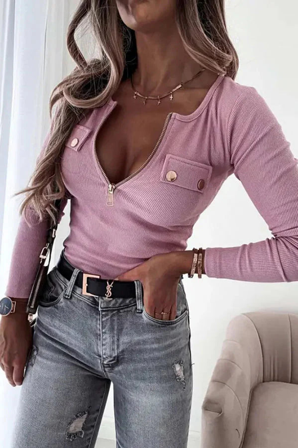 Zipper Neck Button Geribbelde Lange Mouw | Wynche Top