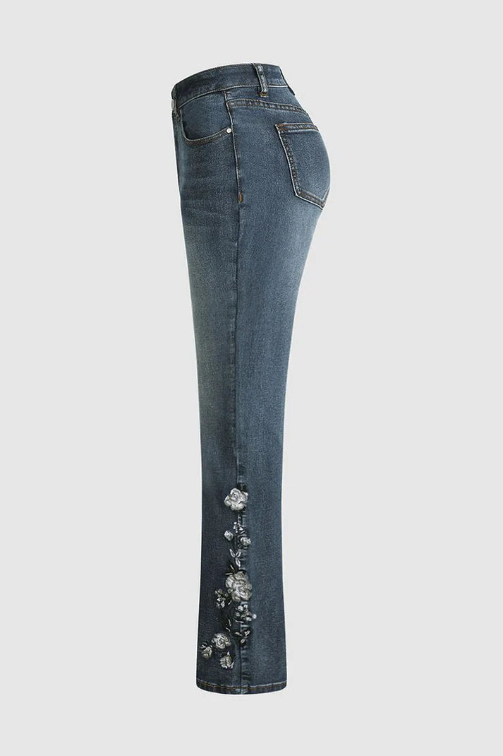 Midden taille Flamingo Geborduurde Jeans | Belka jeans