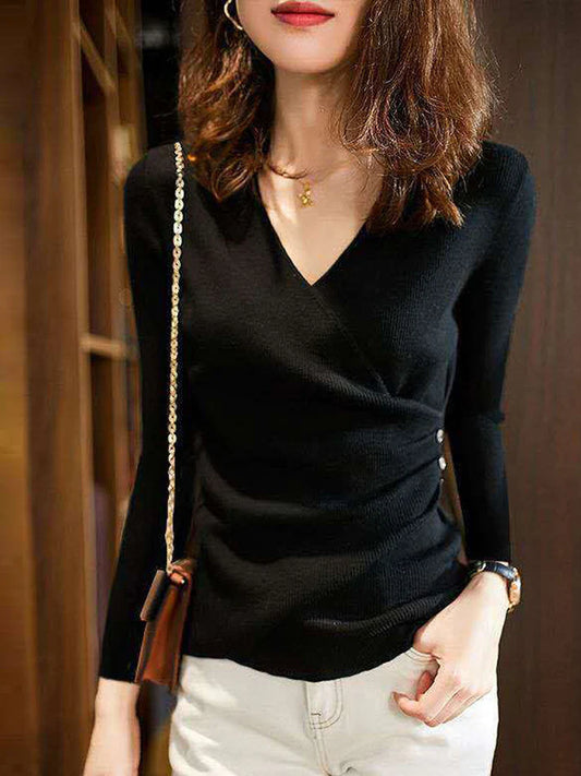 Lange Mouw Gebreide V-hals Top | Xyntha Top