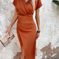 Oranje V-Hals Midi Jurk met Split | Felicity