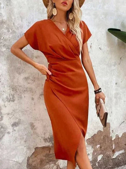 Oranje V-Hals Midi Jurk met Split | Felicity